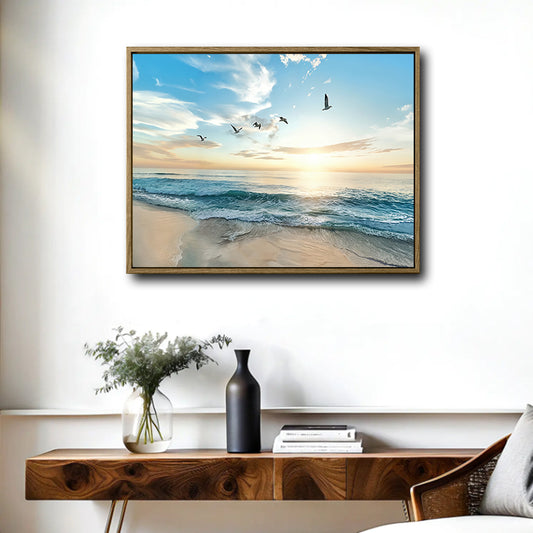 Sunrise Beach Ocean Canvas Wall Art, Flying Seagull Coastal Seascape Print, Horizontal Modern Farmhouse Blue Sea Wave Living Room Wall Decor