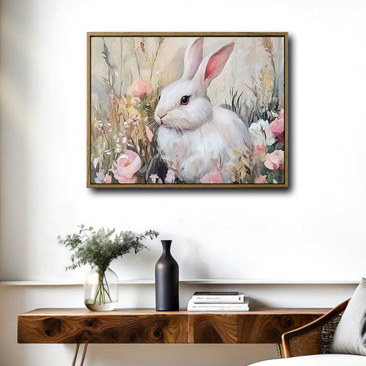 Cottagecore Farmhouse Wall Decor, Fluffy White Bunny Sitting Among Pink Wildflowers, Soft Muted Vintage Oil Painting Horizontal Canvas Art, Neutral Spring Easter Floral Rabbit Artwork