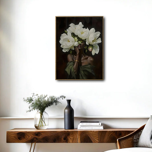 Black Woman With White Peony Flowers Canvas Wall Art, Elegant African American Woman Floral Portrait Painting, Dark Moody Botanical Lady Wall Decor