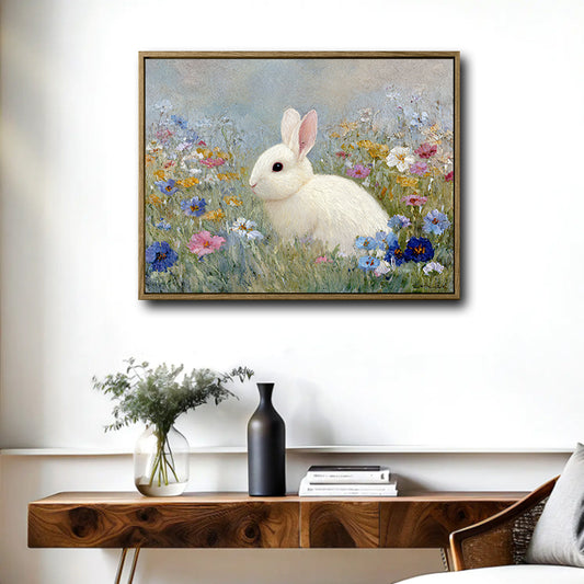 White Bunny Wildflower Meadow Canvas Wall Art