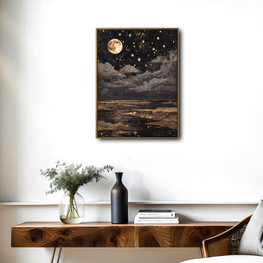 Gold Full Moon Sea Canvas Wall Art Vintage Starry Celestial Home Decor