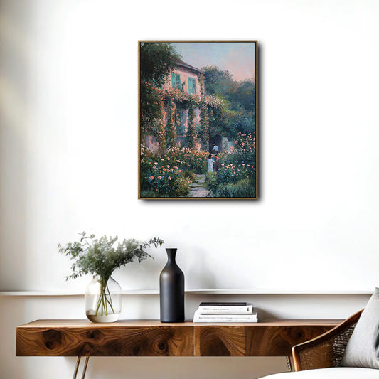 Antique French Garden Wall Art, Climbing Rose Cottage Landscape Canvas Print, Framed Wall Decor for Living Room Dining Room