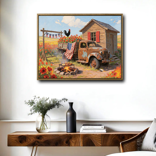 Farmhouse Country Rustic Truck Rooster Canvas Wall Art, Retro Rural Farm American Flag Poppy Flower Patriotic Canvas Print