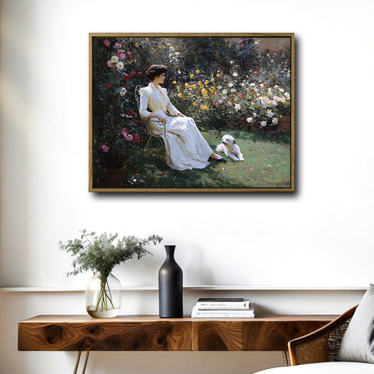 Classic Vintage Garden Scene Canvas Art | Romantic Victorian Lady & Dog Artwork for French Country Cottage Decor