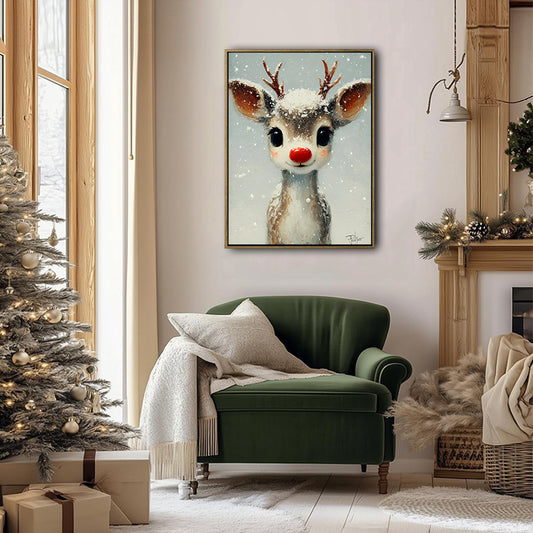 Cute Baby Red‑Nosed Reindeer Framed Wall Art Christmas Oil Painting Print