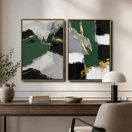 2 Piece Luxury Emerald Green Gold Leaf Abstract Landscape Canvas Prints Palette Knife Modern Glam Neutral Wall Ar