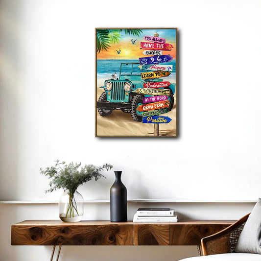 Beach Jeep Sunset Ocean Positive Inspirational Quote Framed Wall Art