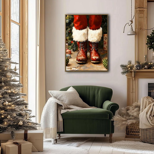 Santa Red Fur Boots Framed Wall Art Vintage Oil Painting Christmas Print