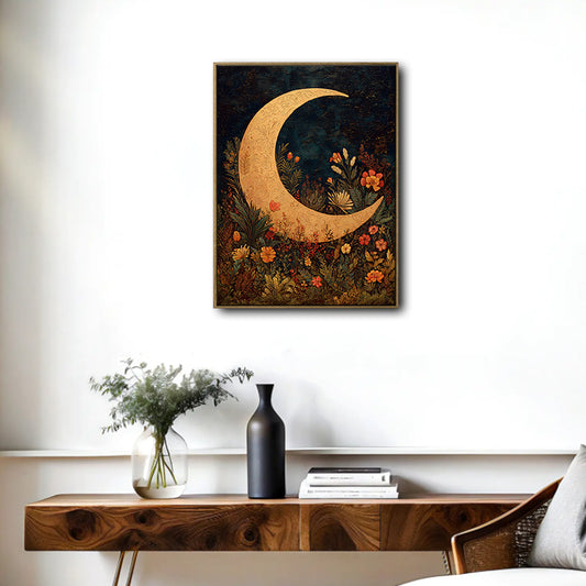 Antique Botanical Crescent Moon Canvas Wall Art Boho Celestial Home Decor
