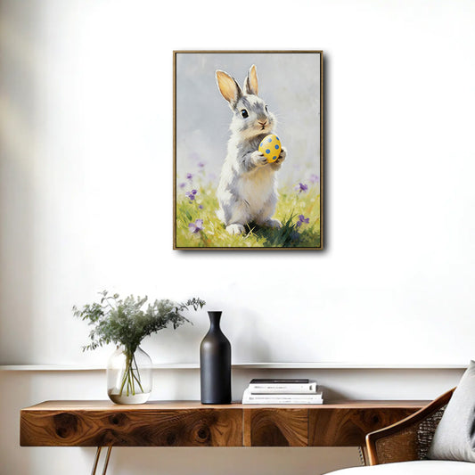Grey Bunny Holding Yellow Polka Dot Easter Egg Meadow Canvas Wall Art