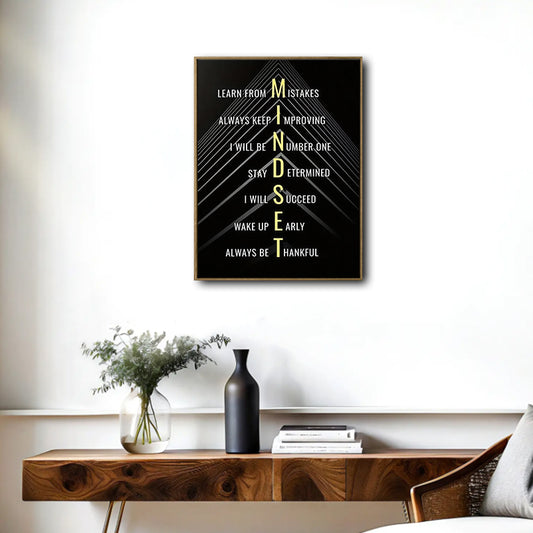 Mindset Motivational Canvas Print, Success Inspirational Quote Black Geometric Office Wall Art