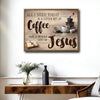 Farmhouse Christian Canvas Wall Art, Coffee & Jesus Quote Vintage Wooden Plank Poster, Coffee Bar Religious Sign