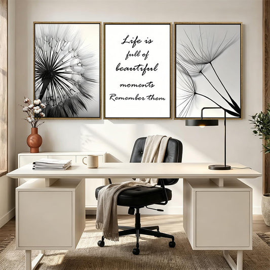 Set of 3 Black White Dandelion Inspirational Quote Framed Wall Art Prints