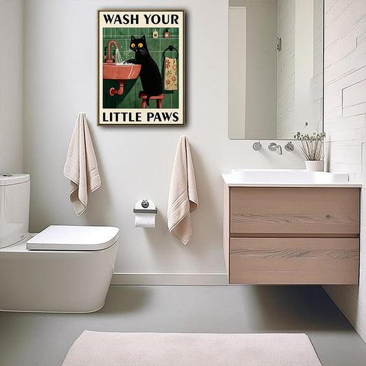 Novelty Cat Wall Canvas, Retro Style Wash Your Little Paws Black Cat Artwork, Cute Powder Room Home Decor