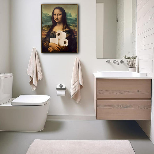Funny Mona Lisa Holding Toilet Paper Canvas Wall Art, Parody Classic Painting Humorous Bathroom Print, Vintage Quirky Restroom Wall Decor
