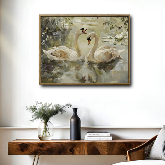 Vintage Swans Canvas Wall Art, Two White Swans on Pond with Water Lilies Oil Painting Print, Cottagecore Neutral Living Room Decor
