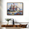 Coastal American Cottage Canvas Wall Art, Seaside House with US Flag Floral Garden Oil Painting, Farmhouse Beach Home Framed Canvas Print