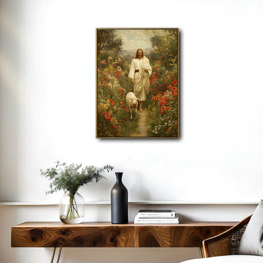 Classical Painting Style Jesus Walking With Sheep On Floral Path Framed Canvas Wall Art, Inspirational Religious Farmhouse Decor