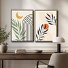 Set of 2 Boho Sun Moon Arch Palm Leaf Neutral Canvas Wall Art