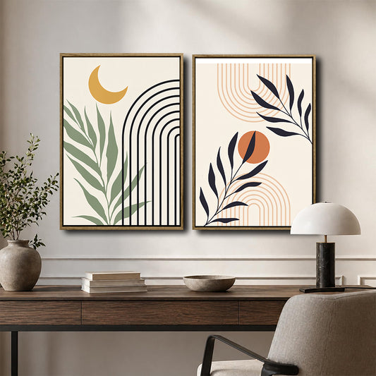 Set of 2 Boho Sun Moon Arch Palm Leaf Neutral Canvas Wall Art