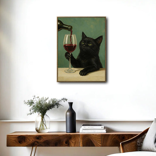 Black Cat Red Wine Glass Canvas Wall Art
