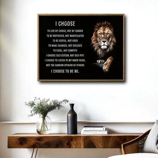 Modern Inspirational Wall Decor, Majestic Lion With Positive Quote I Choose To Be Me, Black Dark Background Motivational Affirmation Horizontal Canvas Artwork For Office & Home