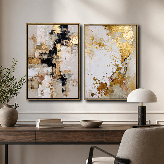 2 Piece Modern Cream Taupe Gold Leaf Abstract Canvas Prints Thick Texture Contemporary Neutral Luxury Wall Art