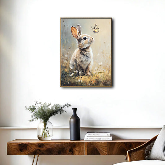 Bunny and Butterfly Meadow Canvas Print, Spring Farmhouse Wall Art