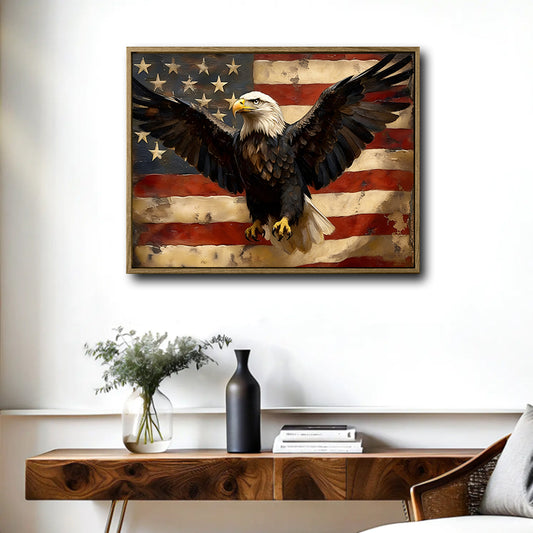 Vintage Bald Eagle American Flag Canvas Wall Art, Retro Distressed USA Flag Patriotic Framed Canvas Print, Farmhouse Man Cave Decor