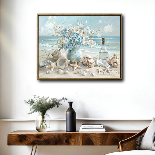 Beach Seashell Starfish Blue Flower Vase Canvas Wall Art, Coastal Seaside Floral Ocean Scene Impasto Painting Print, Horizontal Farmhouse Beach House Wall Decor