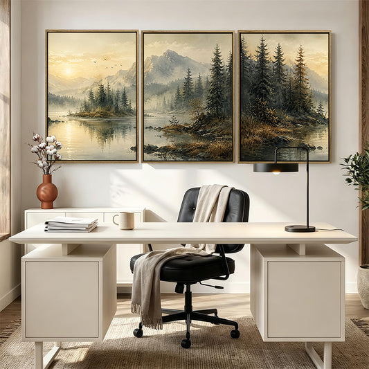 Vintage Mountain Lake Pine Forest Canvas Wall Art Set of 3 Rustic Sunrise Landscape Framed Wall Art Farmhouse Living Room Decor