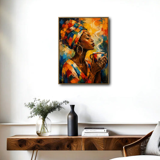 Bold Multicolor Cultural Canvas Poster, Black Woman with Hot Coffee Cup Textured Palette‑Knife Artwork for Gallery Wall Home Decor