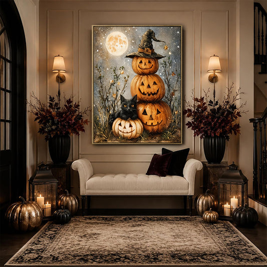 Halloween Black Cat Stacked Pumpkin Canvas Print, Witch Hat Jack O Lantern Full Moon Vintage Fall Wall Art