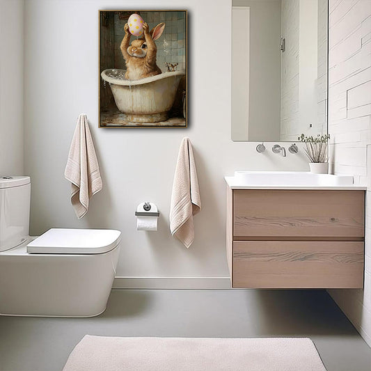 Easter Bunny Bathtub Holding Pink Egg Bathroom Canvas Wall Art