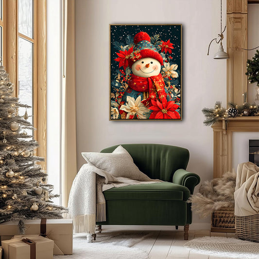 Christmas Snowman Poinsettia Framed Wall Art Vibrant Winter Floral Holiday Print