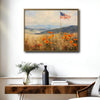 Country Landscape American Flag & Golden Wildflower Field Framed Canvas Print, Farmhouse Independence Day Wall Art