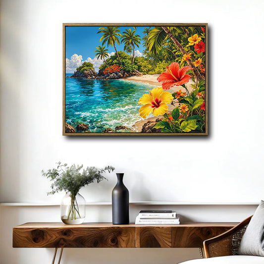 Tropical Island Hibiscus Palm Tree Coastal Wall Art
