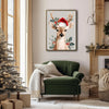 Cute Christmas Deer Santa Hat Framed Wall Art Watercolor Farmhouse Holiday Print