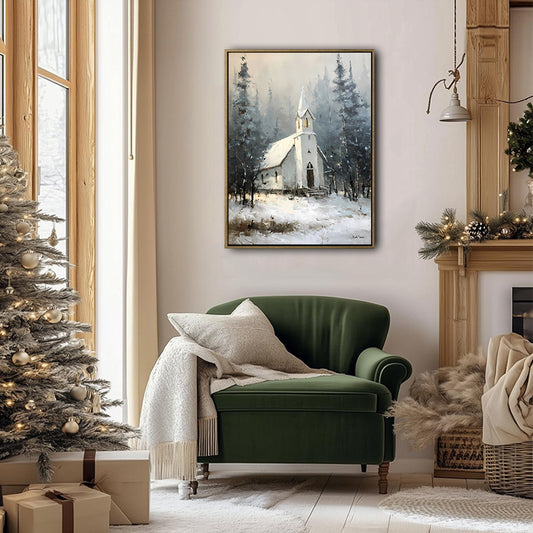 Snowy Winter Church Framed Wall Art Vintage Oil Painting Christmas Print