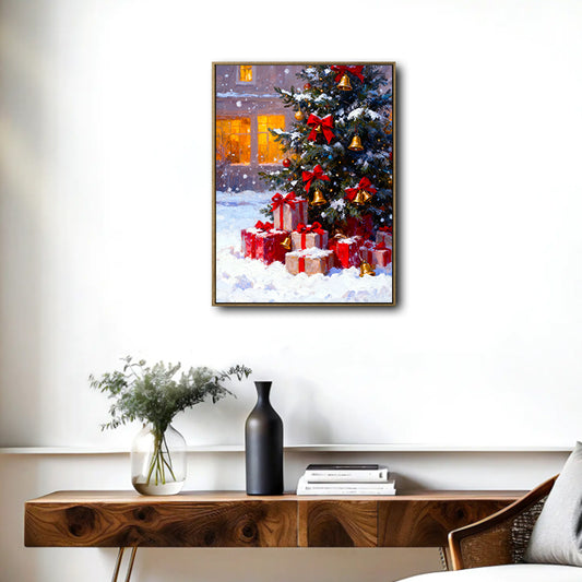 Vintage Christmas Canvas Print, Snow‑Covered Xmas Tree with Presents Bells Wall Art for Living Room Holiday Decoration