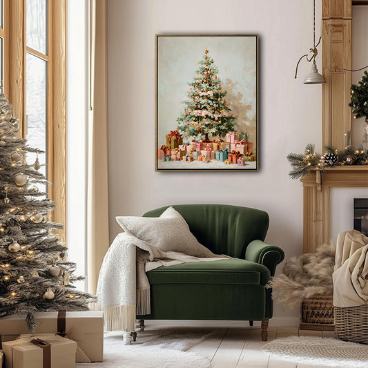 Pastel Christmas Tree & Gifts Framed Wall Art Vintage Oil Painting Print
