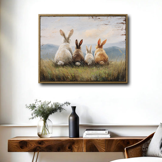 Framed Rabbit Family Canvas Wall Art, Vintage Bunnies Watching Mountain Landscape Painting Print, Rustic Farmhouse Animal Wall Decor for Home
