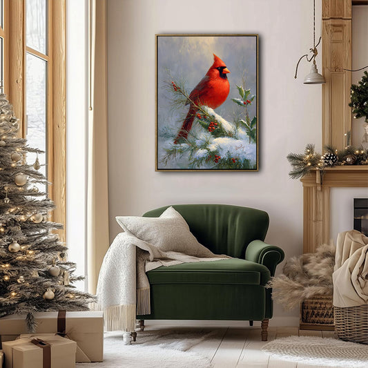 Red Cardinal Bird Framed Wall Art Vintage Oil Painting Christmas Winter Print