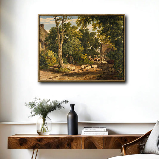 Vintage Country Sheep Farm Landscape Framed Wall Art Print
