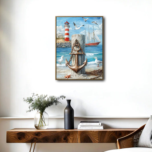 Vintage Nautical Anchor Lighthouse Canvas, Maritime Coastal Beach Wall Decor
