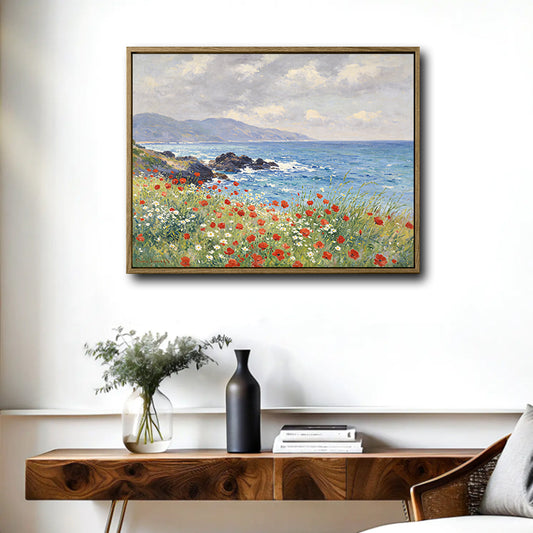 Vintage Poppy Seaside Landscape Canvas Wall Art Impressionist Coastal Home Decor