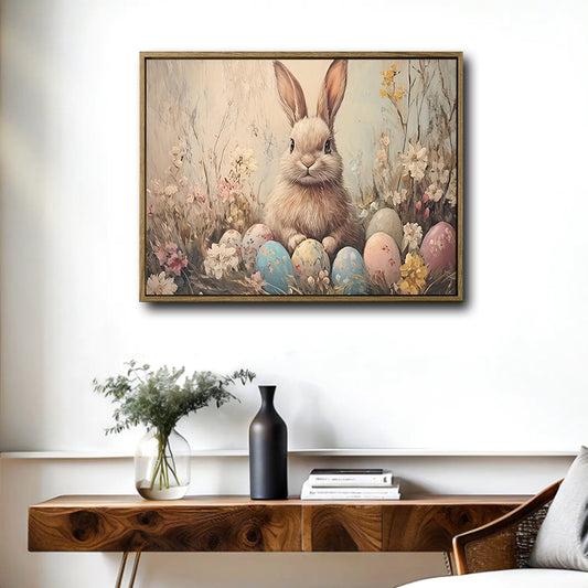 Vintage Easter Bunny Pastel Eggs Wildflower Canvas Wall Art, Spring Floral Rabbit Horizontal Print, Farmhouse Neutral Easter Seasonal Home Decor