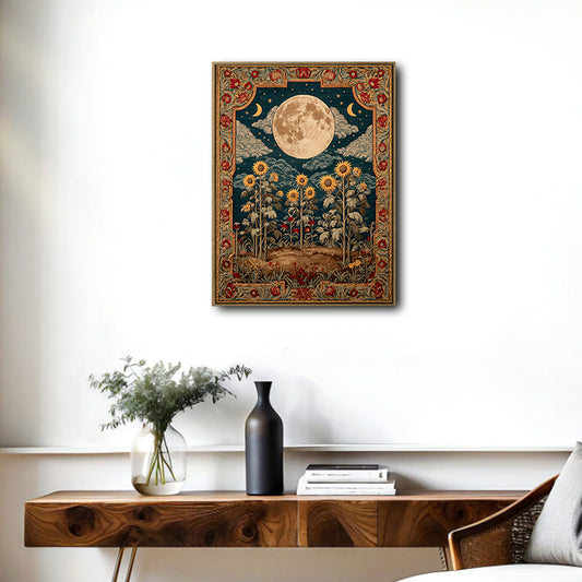 Antique Sunflower & Moon Canvas Wall Art Cottagecore Celestial Home Decor
