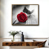 Valentine Single Red Rose Canvas Wall Art, Selective Color Red Rose on Rustic Grey Wooden Plank Framed Canvas Print, Romantic Farmhouse Bedroom Decor