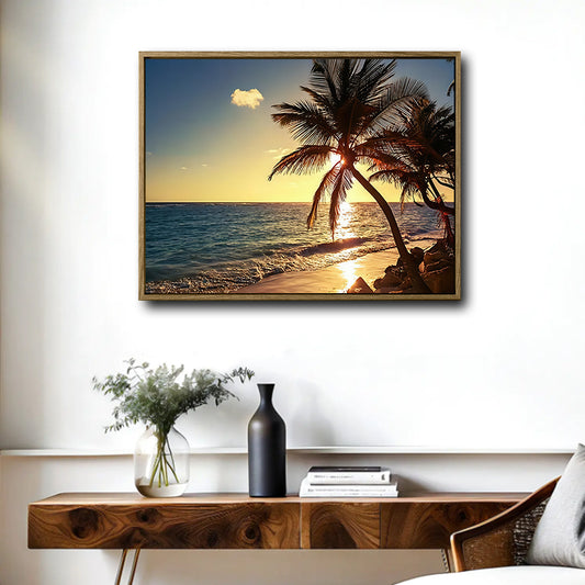 Tropical Palm Tree Beach Sunset Canvas Print, Golden Ocean Coastal Horizontal Wall Art